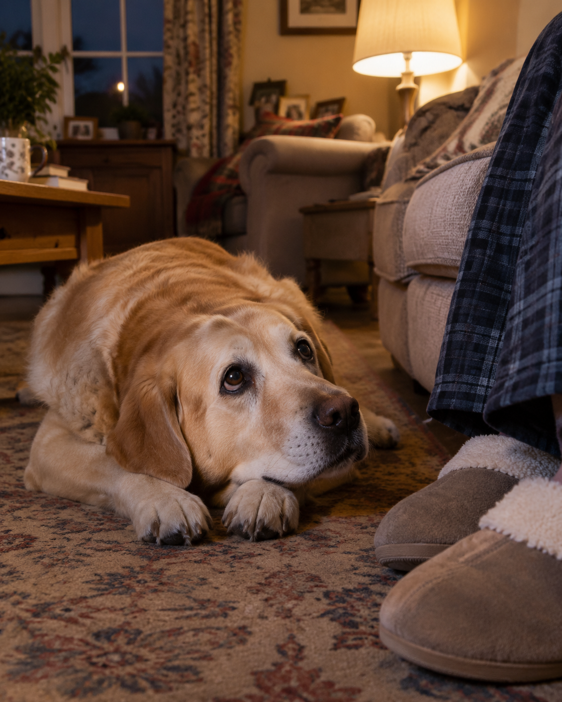 Old labrador lying on the floor looking up at the sofa