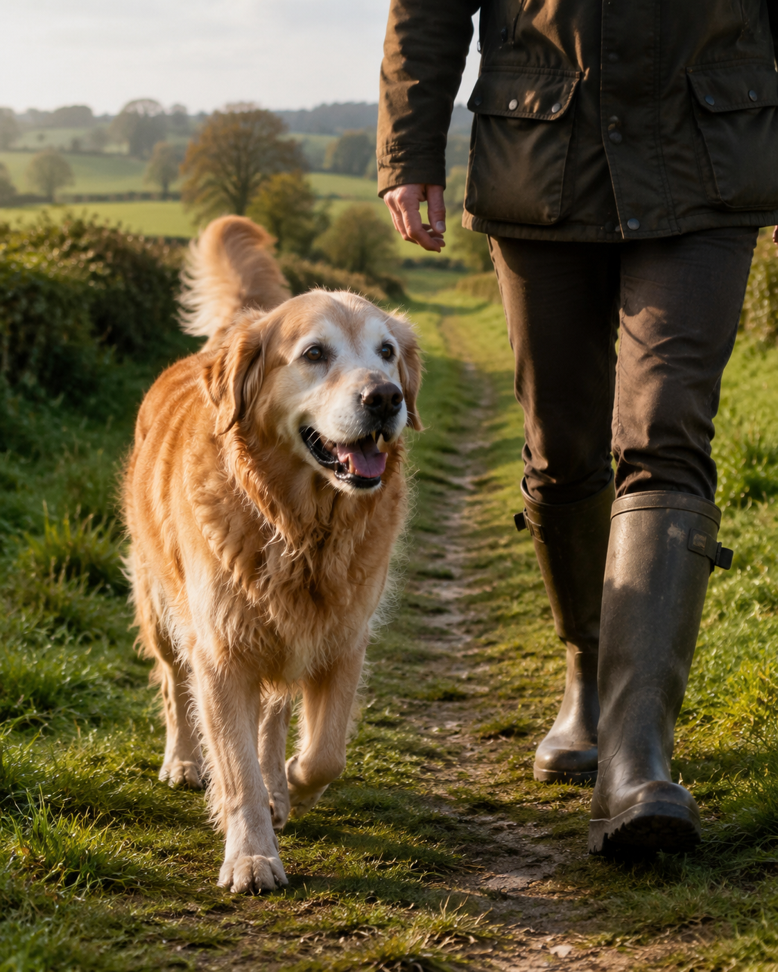 Senior retriever walking happily with its owner