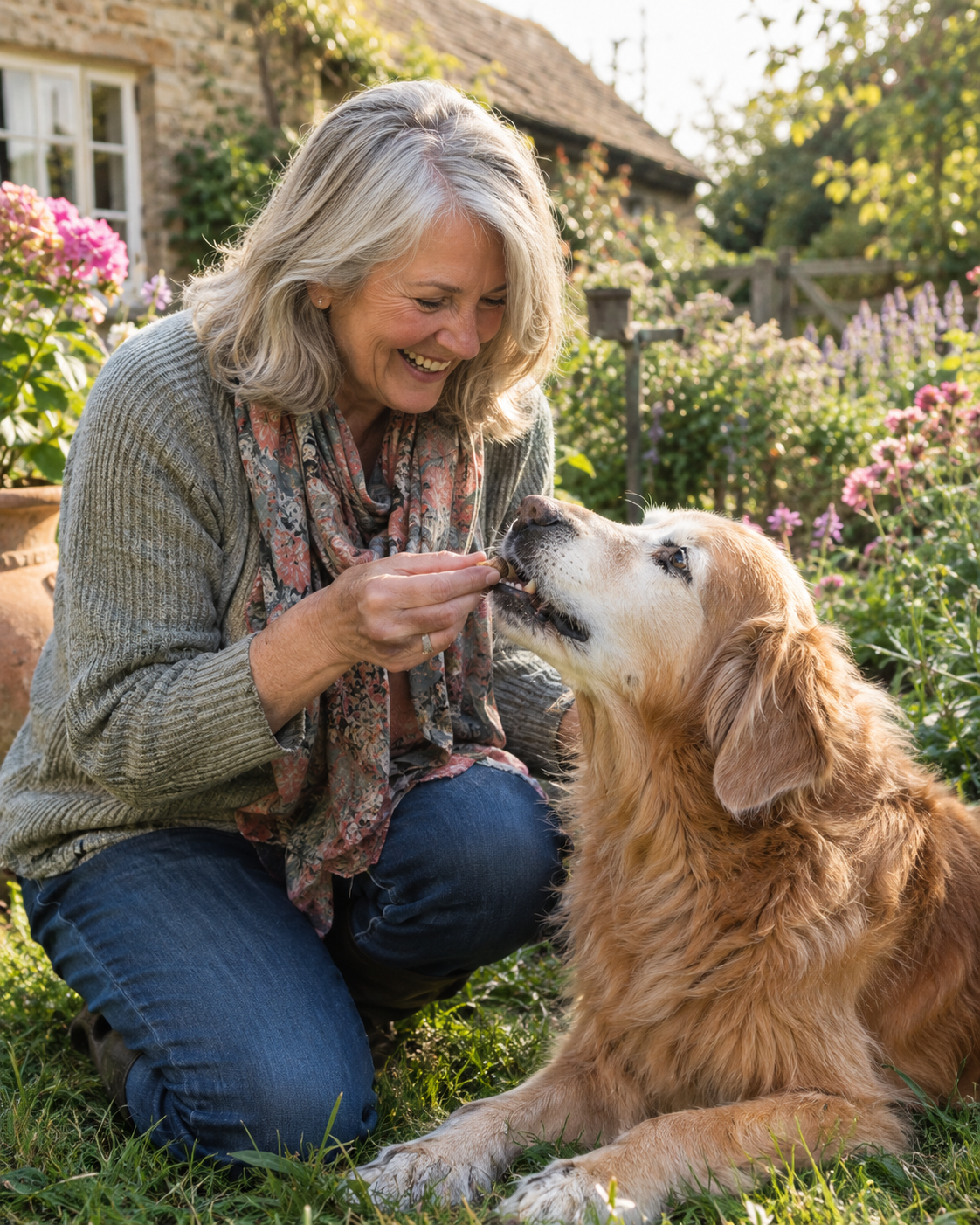 Giving a Limberpaw chew to a senior golden retriever