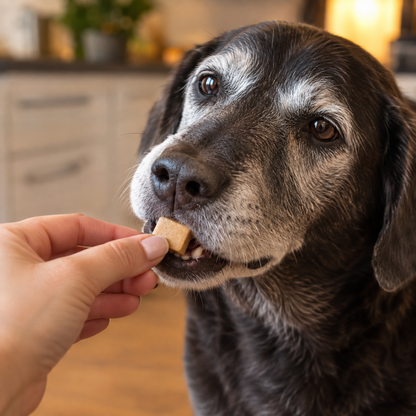 A soft chicken-flavoured chew your dog takes from your hand