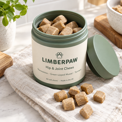 Limberpaw Hip & Joint Chews, open tub with soft chews