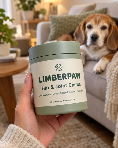 Limberpaw tub in hand, senior beagle resting behind