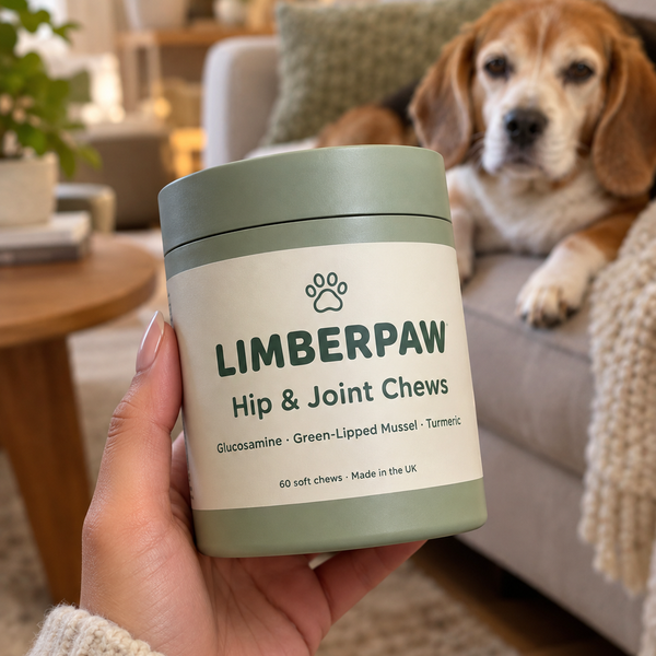 Limberpaw tub in hand, senior beagle resting behind
