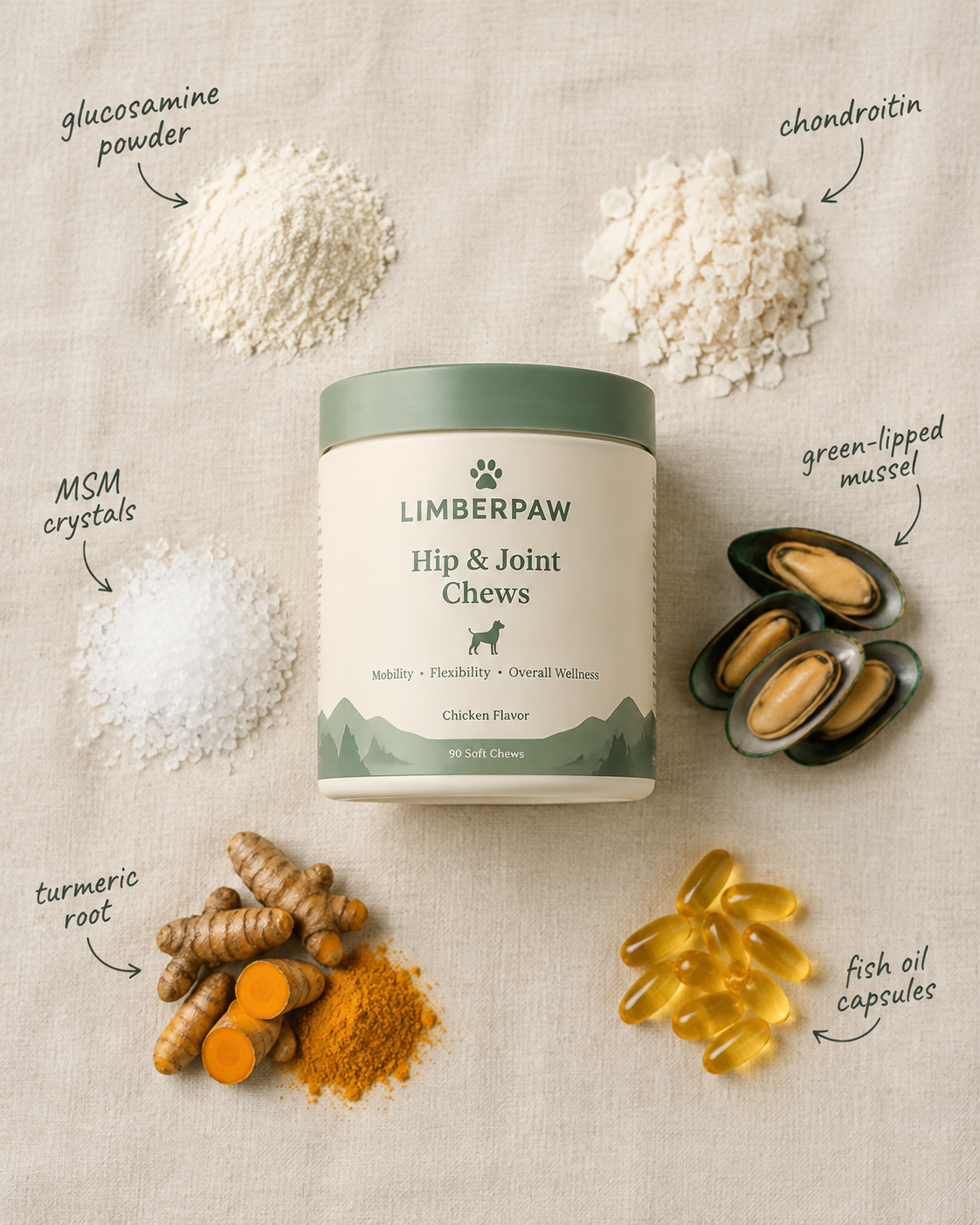 Limberpaw Hip & Joint Chews: six ingredients, doses printed on the label
