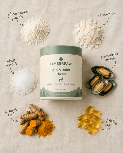 Limberpaw Hip & Joint Chews: six ingredients, doses printed on the label