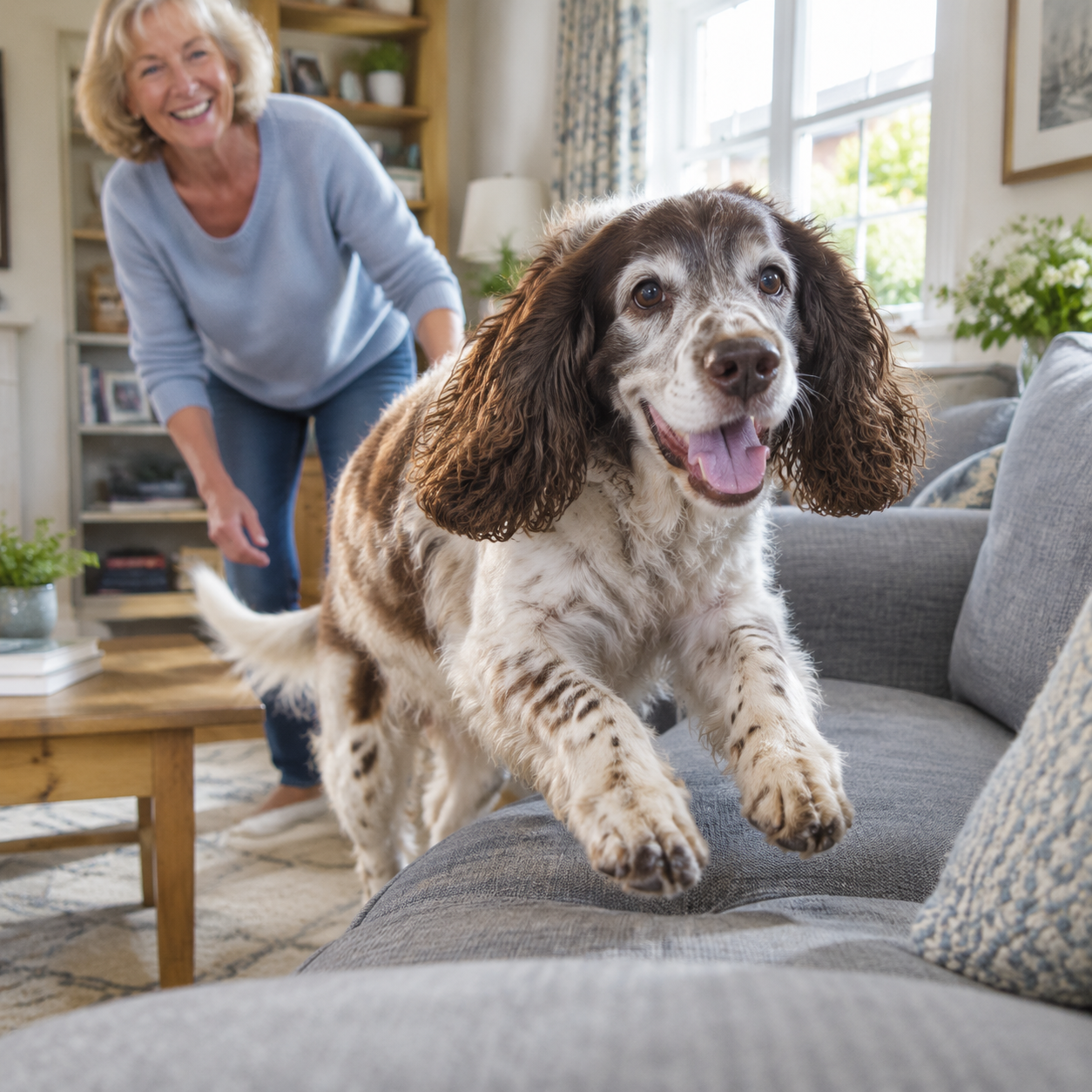 Senior spaniel back on the sofa