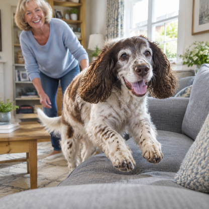 Senior spaniel back on the sofa