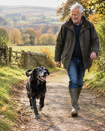Senior labrador on a countryside walk