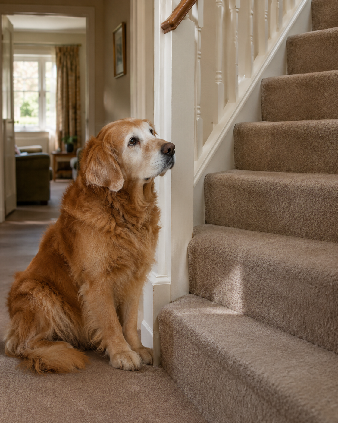 Senior dog hesitating at the bottom of the stairs